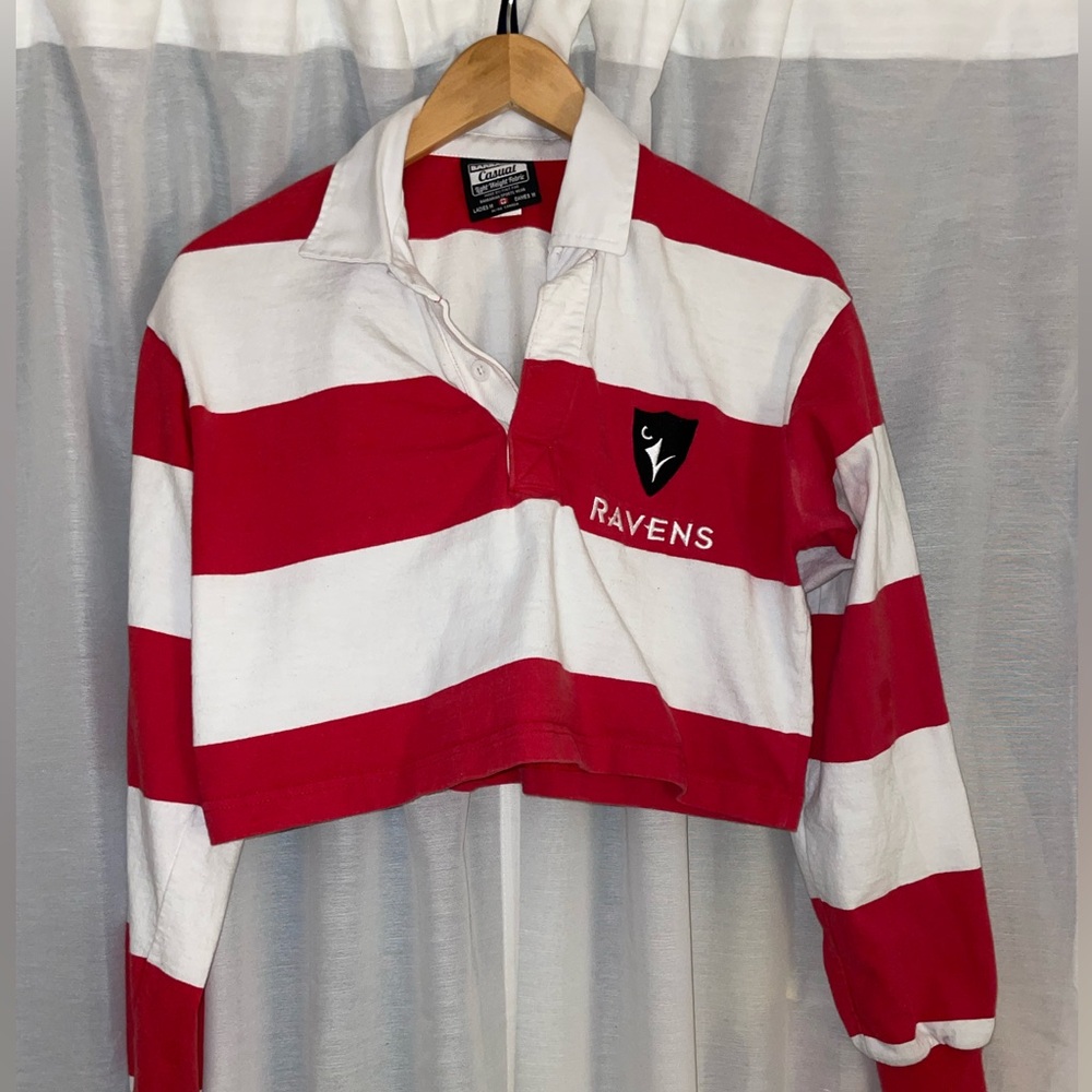 Vintage 100%Cotton Ravens Red and White Striped cropped Rugby Shirt